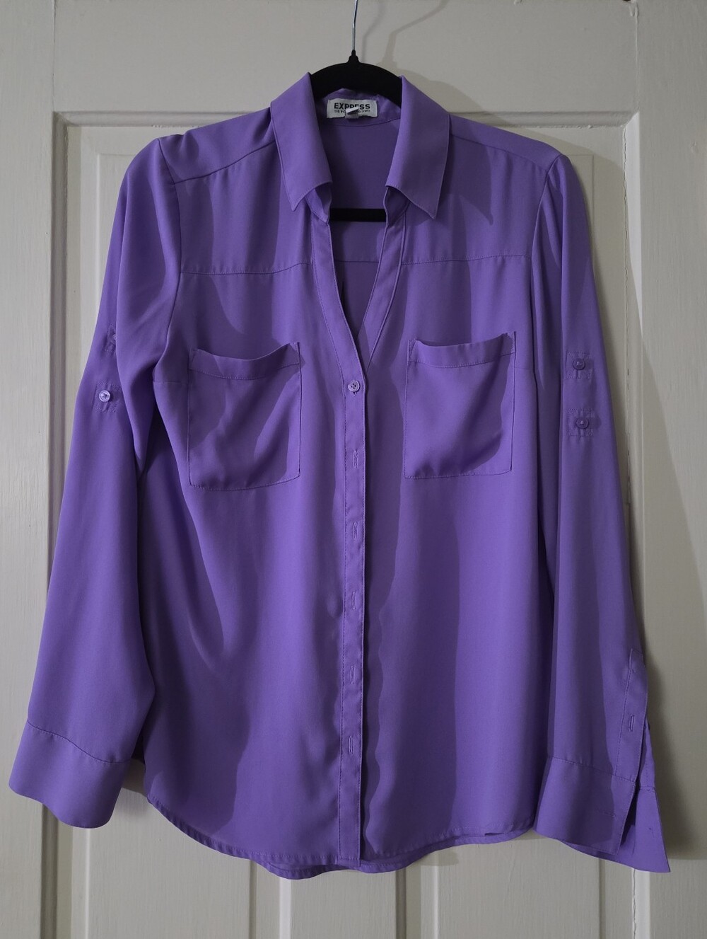Express Portofino Shirt Purple Lavender Button Down Blouse Roll Tab Sleeve Women